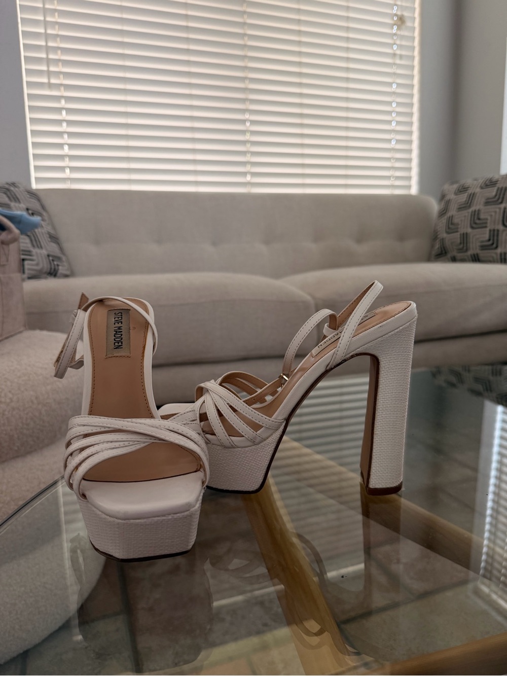 Steve Madden White Textured Platform Strappy Heels